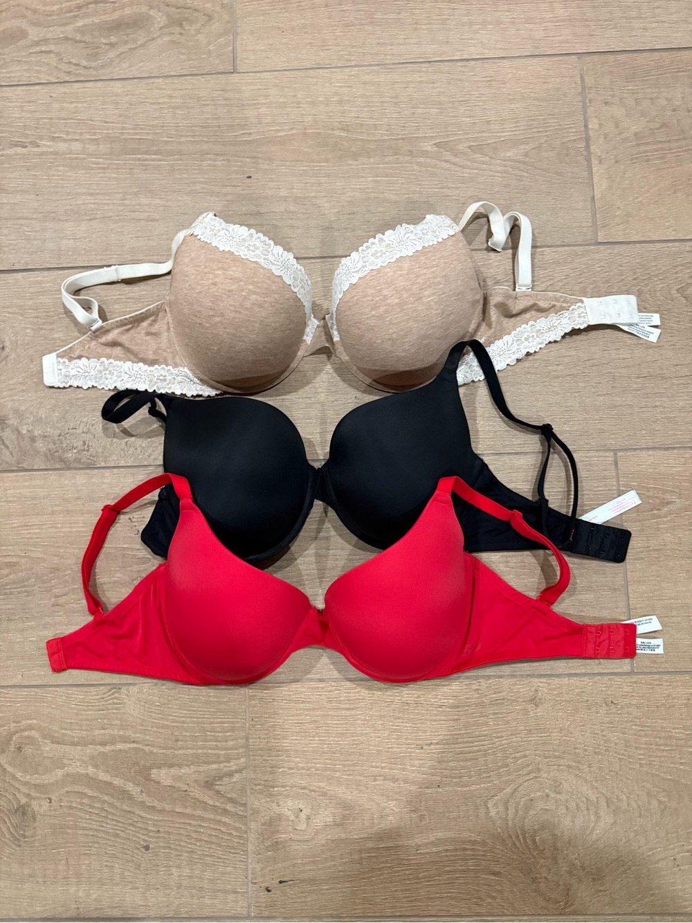 Victoria’s Secret Pink Wear Everywhere Push Up Bras - Beige, Black, Red
